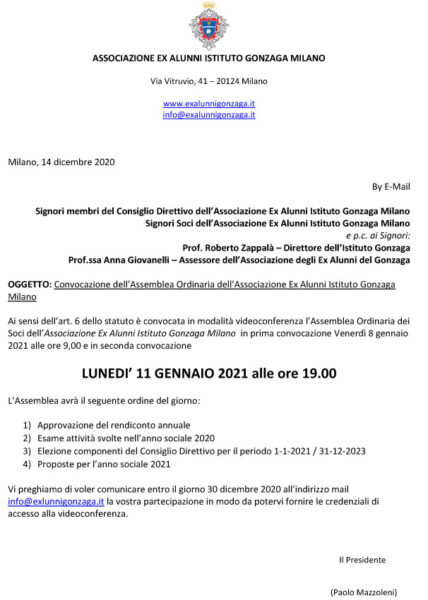 Convocazione dell’Assemblea Ordinaria dell’Associazione Ex Alunni Istituto Gonzaga Milano